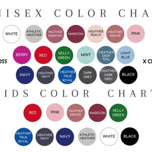 Puede incluir: Una carta de colores para ropa unisex y para ni&ntilde;os, con una variedad de colores. La carta incluye colores como blanco, negro, rojo, rosa, azul marino y granate. El texto "UNISEX COLOR CHART" y "KIDS COLOR CHART" es visible.