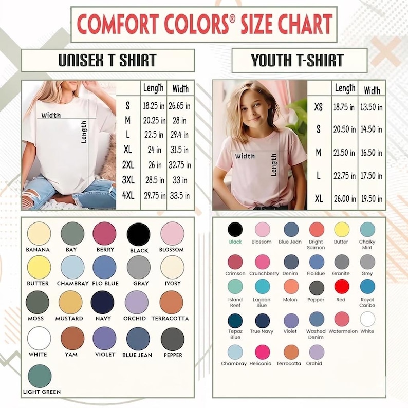 May include: A Comfort Colors size chart for unisex and youth t-shirts. The chart includes measurements in inches for various sizes, along with a color palette featuring shades like black, berry, and blue jean.
