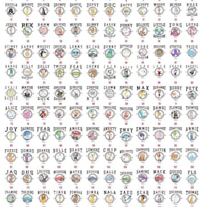May include: A poster with the text "CHOOSE YOUR CHARACTER" and numerous circular character portraits. Each portrait features a Disney character's image and name, including Mickey Mouse, Donald Duck, and many more.