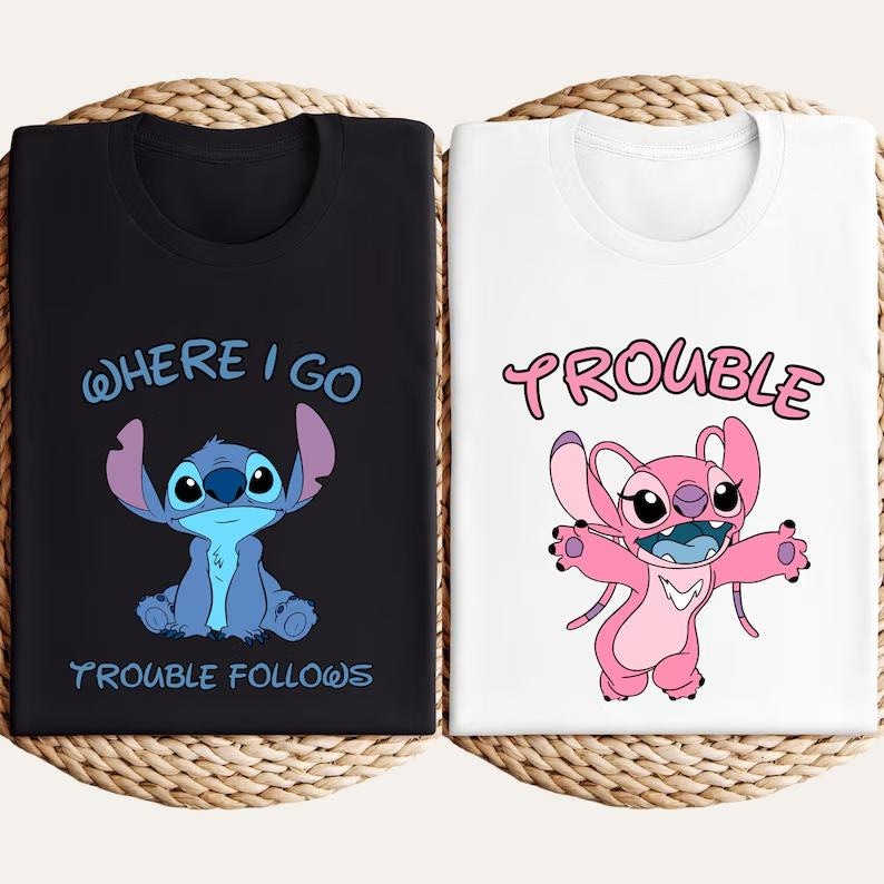 Where I Go Trouble Follows Shirt, Stitch Valentines Couple Tee, Trouble Tee,Disney Trip Shirt, Couple Matching Shirt,Disney Mr And Mrs Shirt image 1