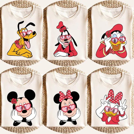 Disney Valentine’s Day Mickey Co Character Shirts, Mickey Minnie Donald Daisy Goofy Pluto Love Tee, Cute Heart Sunglasses Tee, Romantic Gift