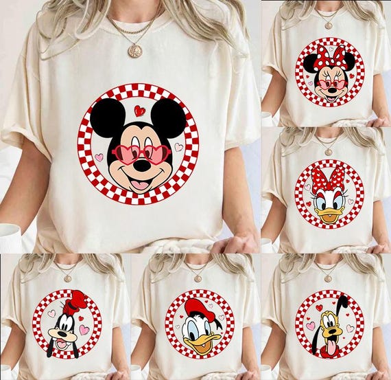 Disney Valentine’s Day Mickey Co Character Shirts, Mickey Minnie Donald Daisy Goofy Pluto Love Tee, Cute Heart Sunglasses Tee, Romantic Gift