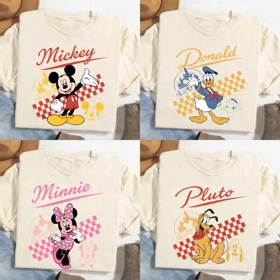 Retro Disney Character Family Matching Shirts - Vintage Mickey, Minnie, Donald & Pluto Aesthetic Tees for Magical Vacations and Group Trips