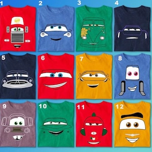 May include: A collection of twelve colorful t-shirts, each featuring a different cartoon car design. The shirts are in various colors, including red, blue, green, and yellow. The car designs have smiling faces and unique features.