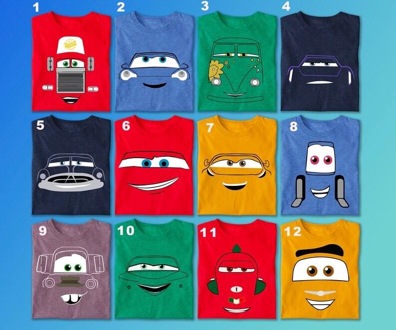 May include: A collection of twelve colorful t-shirts, each featuring a different cartoon car design. The shirts are in various colors, including red, blue, green, and yellow. The car designs have smiling faces and unique features.