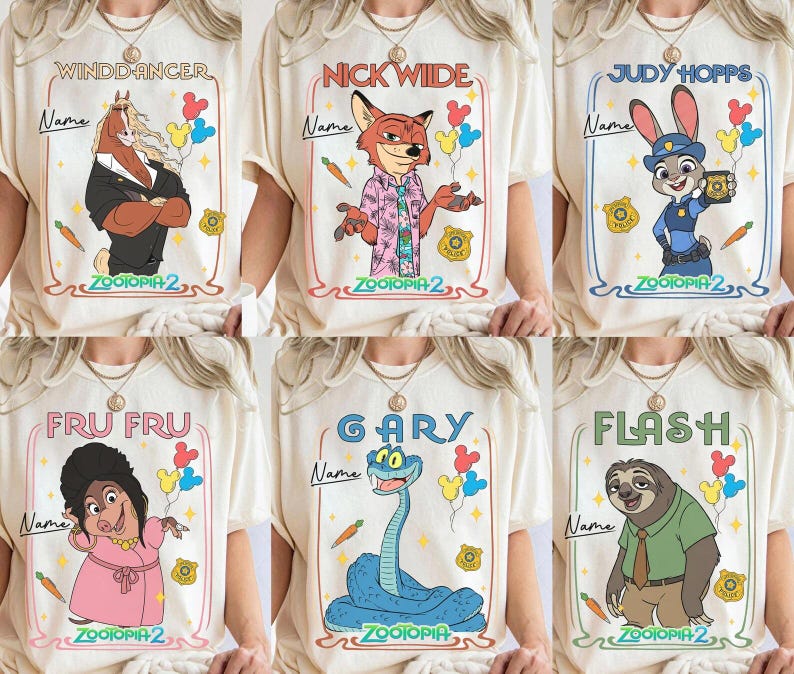 May include: Off-white t-shirts featuring cartoon characters from Zootopia 2. Each shirt has a different character: Winddancer, Nick Wilde, Judy Hopps, Fru Fru, Gary, and Flash. Each design includes the character's name, a carrot, and a police badge.