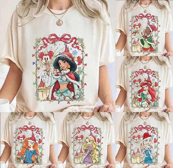 Coquette Disney Princess Christmas Shirt, Belle Ariel Xmas, Magic Kingdom Magical Castle Christmas Tee, Walt Disney Disney Girl Trip Gifts