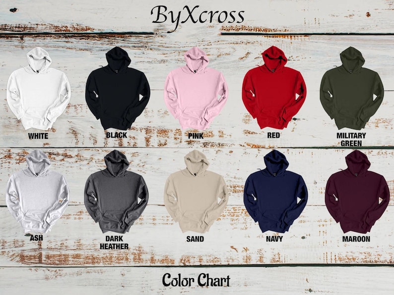 Puede incluir: Una carta de colores muestra sudaderas con capucha en varios colores, incluyendo blanco, negro, rosa, rojo, verde militar, ceniza, gris oscuro, arena, azul marino y granate. La marca "ByXcross" y las palabras "Color Chart" tambi&eacute;n son visibles.