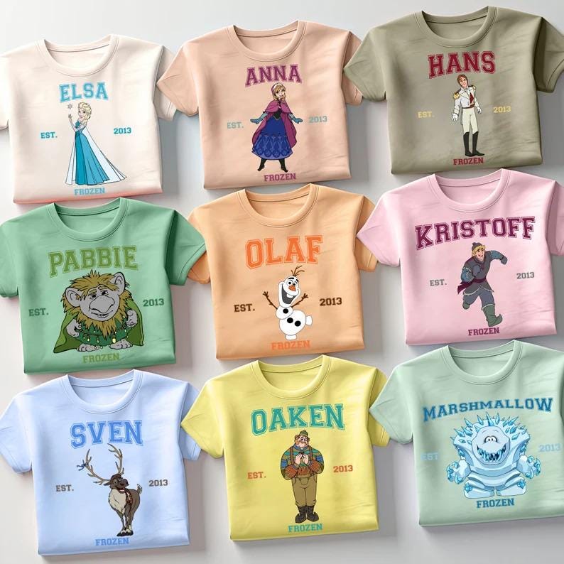 May include: Nine colorful t-shirts featuring characters from the movie "Frozen." Each shirt displays a character's name, an illustration, and the word "FROZEN." The shirts are in various colors, including blue, pink, green, and yellow.