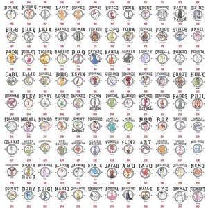 May include: A poster featuring a grid of character illustrations from various movies and shows. Each character is displayed in a circular design with their name above. The text "CHOOSE YOUR CHARACTER" is at the top.
