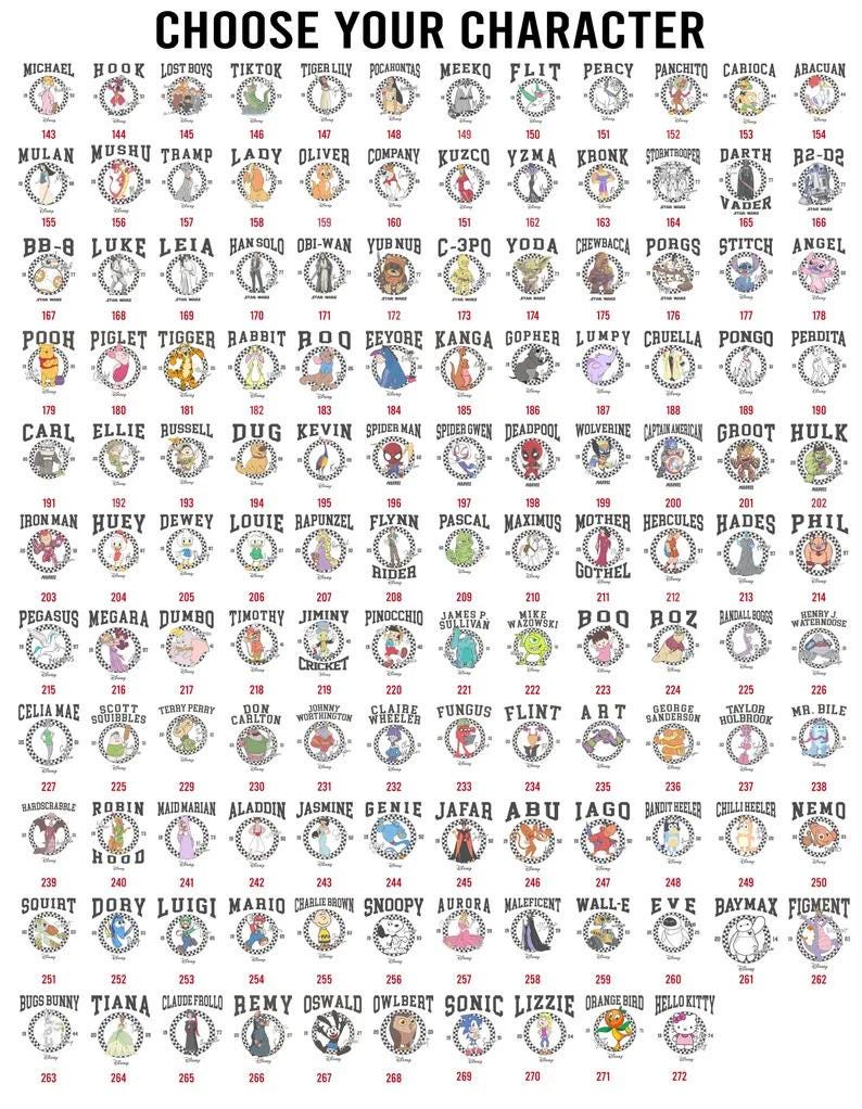 May include: A poster featuring a grid of character illustrations from various movies and shows. Each character is displayed in a circular design with their name above. The text "CHOOSE YOUR CHARACTER" is at the top.