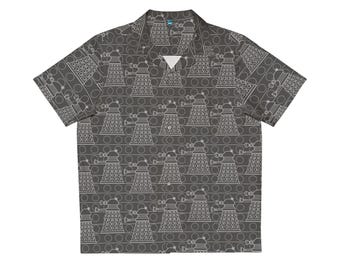 Men&#39;s Exterminate Bot Hawaiian Shirt Button Up Casual Dalek Sci Fi Tennant Capaldi Smith Doctor Who Gift Present Holiday Christmas