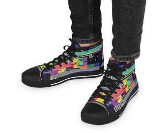 Men's Game Glitch High Top Sneakers Shoes Gift Tennis Shoes 1980s 80s 90s Vintage Retro Video Game 8 Bit Holiday Present