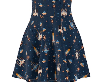 Women&#39;s 80s Space Galaxy Video Game Skater Skirt Galaga 8 Bit Arcade Retro 1980s Ladies Gift