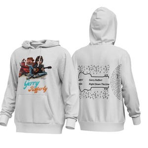 May include: White hooded sweatshirt with a cartoon illustration of two people playing music on the front and a guitar with musical notes and the text "Gerry Rafferty Right Down The Line" on the back.