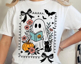 Ghost Reading Comfort Colors Shirt, Spooky Season, Book Lover