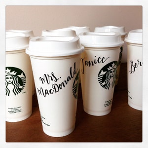 Custom Hand Lettered Starbucks Reusable Cup - One plastic cup with lid.