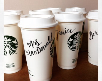 Custom Hand Lettered Starbucks Reusable Cup - One plastic cup with lid.