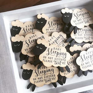 Baby Sleeping Sign - Wooden Laser Cut Sheep Hand Lettered and Painted. Approx. 3.75&quot; x 4.75