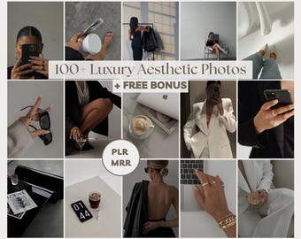 May include: A collage of aesthetic photos featuring luxury items and lifestyle elements. The images include a person holding a phone, a white jar, a black dress, a laptop with a coffee cup, sunglasses, and a magazine. The text "100+ Luxury Aesthetic Photos + FREE BONUS" is visible.
