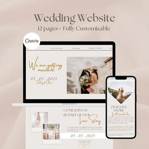 以下が含まれることがあります： 「Wedding Website」と「12ページ。完全にカスタマイズ可能」というテキストが表示された、ラップトップの画面に表示されている結婚式用ウェブサイトのテンプレート。ウェブサイトには、ビーチの前で「We are getting married」と「05.05.2025」というテキストが書かれた、カップルが写っている写真が掲載されています。携帯電話の画面には、ビーチの前で「Our Love Story」というテキストが書かれた、カップルが写っている写真が表示されています。