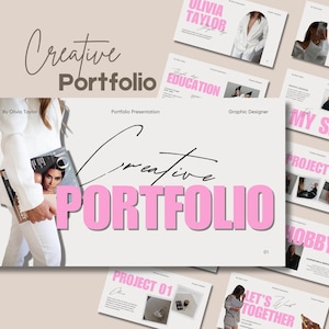 Peut inclure: Présentation de portfolio créatif avec un schéma de couleurs rose clair et blanc. Le titre "Creative Portfolio" est affiché en grandes lettres roses. Des diapositives supplémentaires présentent l'expérience, l'éducation, les compétences et les projets.