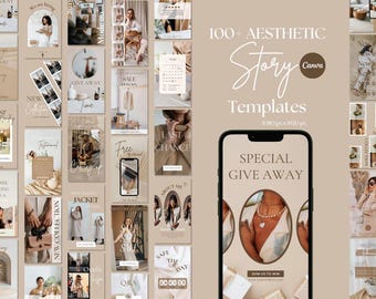 Puede incluir: Una colección de más de 100 plantillas de historias de Instagram estéticas en un esquema de color beige y marrón. Las plantillas presentan superposiciones de texto, imágenes y gráficos. El texto en la imagen dice "100+ Plantillas de historias estéticas Canva 1080 px x 1920 px Sorteo especial Únase a nosotros para ganar".