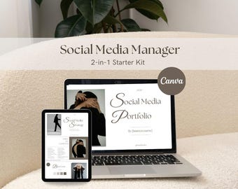 Kit inicial de gerente de mídia social 2 em 1, portfólio e estratégia de mídia social, pacote de gerente de mídia social, modelos de gerente de mídia social