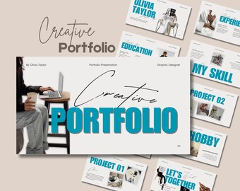 May include: A creative portfolio presentation with a light beige background. The title "Creative Portfolio" is displayed in a handwritten font and bold teal letters. Additional slides showcase "Olivia Taylor," "Education," "My Skill," and "Project 02."