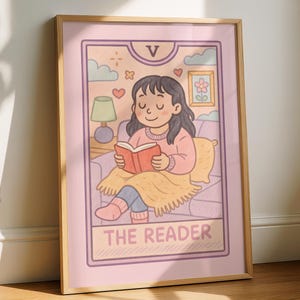 Stampa dei Tarocchi "The Reader", carta da parati con tarocchi "Girly Reader", regalo per amanti dei libri, angolo lettura accogliente, arredamento per biblioteca carino e libresco