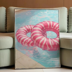Lámina de arte mural con flotador de piscina retro, arte mural con tubo de cebra rosa, póster con ambiente veraniego, decoración divertida para piscinas, descarga digital, obra de arte estética de los 90