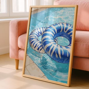 Lámina de arte mural con flotador de piscina retro, arte mural con tubo de cebra azul, póster con ambiente veraniego, decoración divertida para piscinas, descarga digital, obra de arte estética de los 90