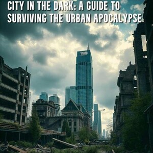 May include: A city skyline with a tall building in the center, surrounded by abandoned buildings and overgrown vegetation. The sky is cloudy and the overall atmosphere is dark and ominous. The text "CITY IN THE DARK: A GUIDE TO SURVIVING THE URBAN APOCALYPSE" is displayed at the top of the image.