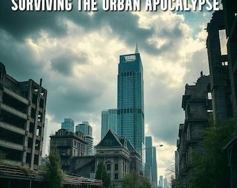 May include: A city skyline with a tall building in the center, surrounded by abandoned buildings and overgrown vegetation. The sky is cloudy and the overall atmosphere is dark and ominous. The text "CITY IN THE DARK: A GUIDE TO SURVIVING THE URBAN APOCALYPSE" is displayed at the top of the image.