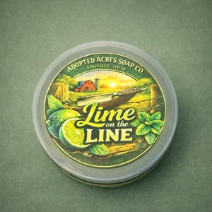 May include: Round container with a clear lid featuring a label with the text "Lime on the Line." The label includes images of limes, mint leaves, a straight razor, and a farm scene with a red barn. The brand name "Adopted Acres Soap Co." is also visible.