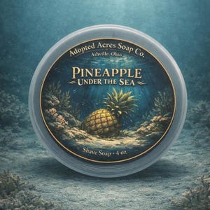 May include: Round container of shave soap with a blue and gold label. The label reads "Adopted Acres Soap Co. Ashville, Ohio" and "Pineapple Under The Sea." A yellow pineapple is depicted underwater. The container is 4 oz.