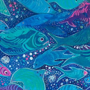Fish Fantasy Ocean Art – Abstract Underwater Painting – Coastal Wall Decor – Hand-Painted Marine Life Canvas – Nautical Sea Life Artwork