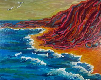 May include: A painting of a red and orange cliff with a blue ocean in the foreground. The ocean has white waves and the sky is a light yellow.