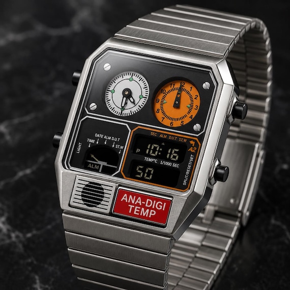 Men’s Square Analog Digital Watch with Steel Band, Alarm, Stopwatch and Calendar