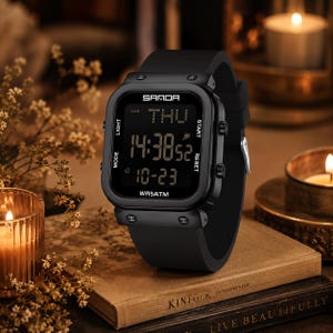May include: A black digital wristwatch with a square face, featuring the brand name SAMOA at the top, a digital display showing 14:38:52, the date 10-23, and the text THU and WR5ATM. The watch has a black silicone strap and four side buttons.