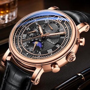 May include: A rose gold automatic wristwatch with a black textured dial, Roman numerals, and a moon phase sub-dial. The watch features a black leather strap with a crocodile pattern, three sub-dials, and the brand name Chenxi printed on the face.