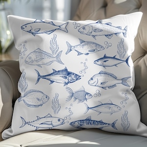 Watercolor Fish Print Pillow Coastal Decor Beach House Pillow, Ocean Themed Cushion Summer Home Accent Indoor Throw Pillow Housewarming Gift