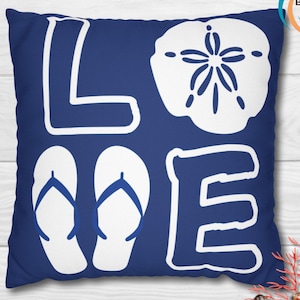Coastal Throw Pillow Cover LOVE Seaside Lifestyle Decor, Nautical Beach Cushion Ocean Accent Pillow Beach House Couch Cushion, Housewarming