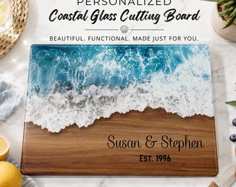 Beach House Gift Glass Cutting Board, Custom Coastal Kitchen Decor, Personalized New Home Present, Ocean Chopping Board