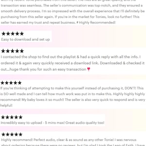 May include: Five-star reviews for a digital audio download for a Toniebox. The reviews highlight the ease of download, the quality of the audio, and the seller's responsiveness. The text includes the phrase "Highly Recommended!"