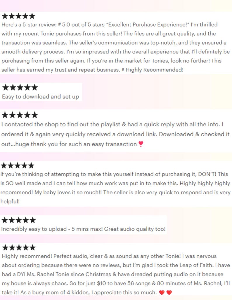 May include: Five-star reviews for a digital audio download for a Toniebox. The reviews highlight the ease of download, the quality of the audio, and the seller's responsiveness. The text includes the phrase "Highly Recommended!"