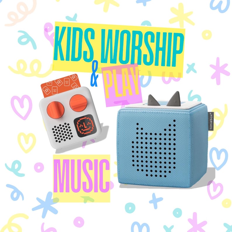 May include: A blue and white children's music player with a cat design. The player is called "Toniebox" and is next to a white and orange music player with a screen and buttons. The text "KIDS WORSHIP & PLAY MUSIC" is in the background.