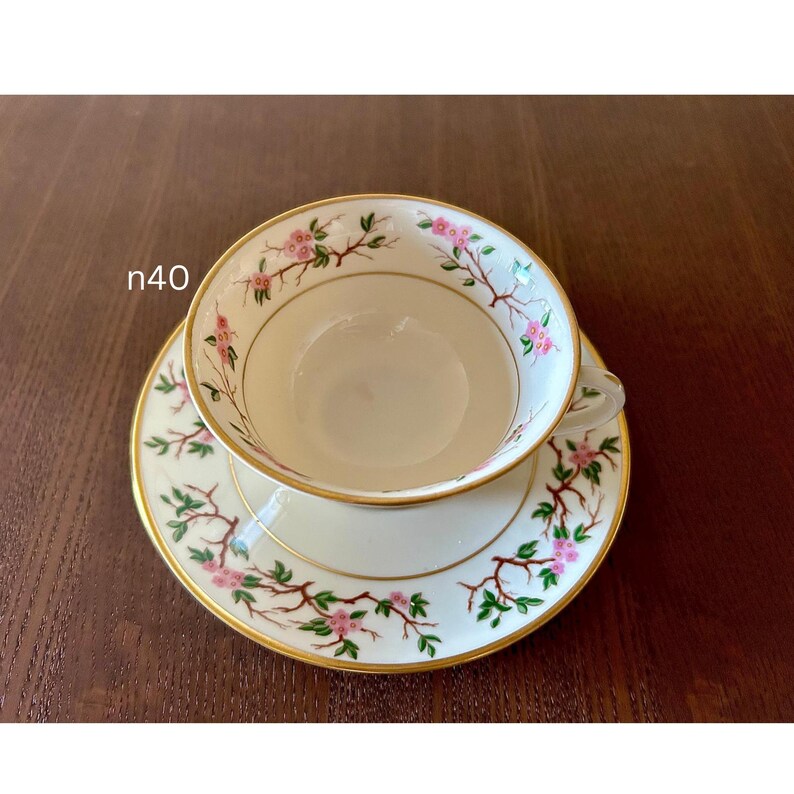 May include: A white teacup and saucer set with a floral design. The set features pink blossoms and green leaves on delicate branches, with gold trim. The teacup sits on the matching saucer, both on a dark brown surface. The text "n40" is visible.