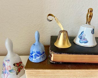 Vintage Porcelain  Brass Bell, Christmas Floral Butterfly Hand Bell, Dinner Bell, Collectible Wedding Bell, Teacher Bell Metitation Bell