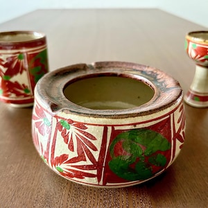 Japanese Hand-Painted Ceramic Set Vintage Floral Ashtray Cup Goblet Rustic Pottery Boho Collectable Ceramic Set for Shelf Coffe table Decor